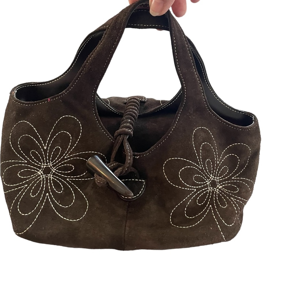 Donna Dixon Faux Suede Brown Floral Hobo Tote with Attached Change Holder